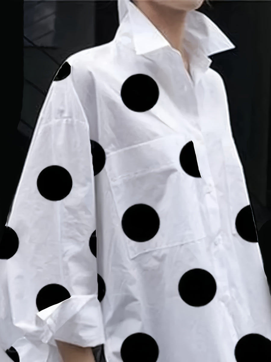 Women'S Elegant Pink Polka Dot Blouse with Ruffled Hem - Loose Fit, Long Sleeve, Casual Shirt for Spring/Summer, Casual Attire|Ruffled Hem Shirt|Dropped Shoulder Design - White