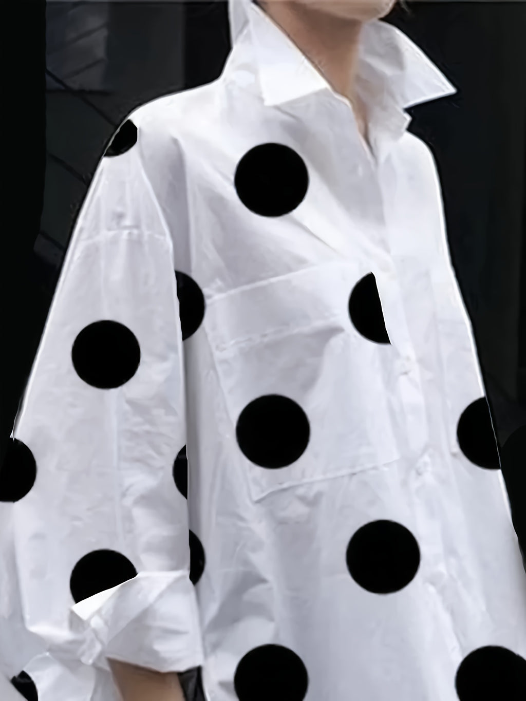 Women'S Elegant Pink Polka Dot Blouse with Ruffled Hem - Loose Fit, Long Sleeve, Casual Shirt for Spring/Summer, Casual Attire|Ruffled Hem Shirt|Dropped Shoulder Design - White