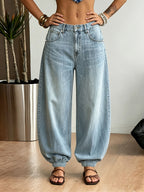 2026 New Light Blue Balloon Leg Denim Pants, Vintage Washed Oversized Barrel Jeans for Women, Elastic Hem Casual Trousers for Daily Wear - Light Blue
