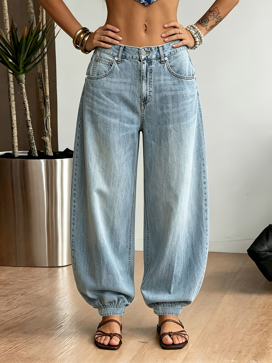 2026 New Light Blue Balloon Leg Denim Pants, Vintage Washed Oversized Barrel Jeans for Women, Elastic Hem Casual Trousers for Daily Wear - Light Blue
