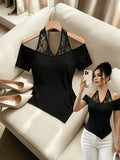 New Summer 2026 Black Lace Off-Shoulder Cinched Waist Top, Lace-Trimmed Spaghetti Straps + Off-Shoulder Short Sleeves + Asymmetrical Hem Slim-Fit Waist-Cinching T-Shirt, Elegant and Sexy Style, Suitable for Dates, Parties, Light Business, and Daily - Black