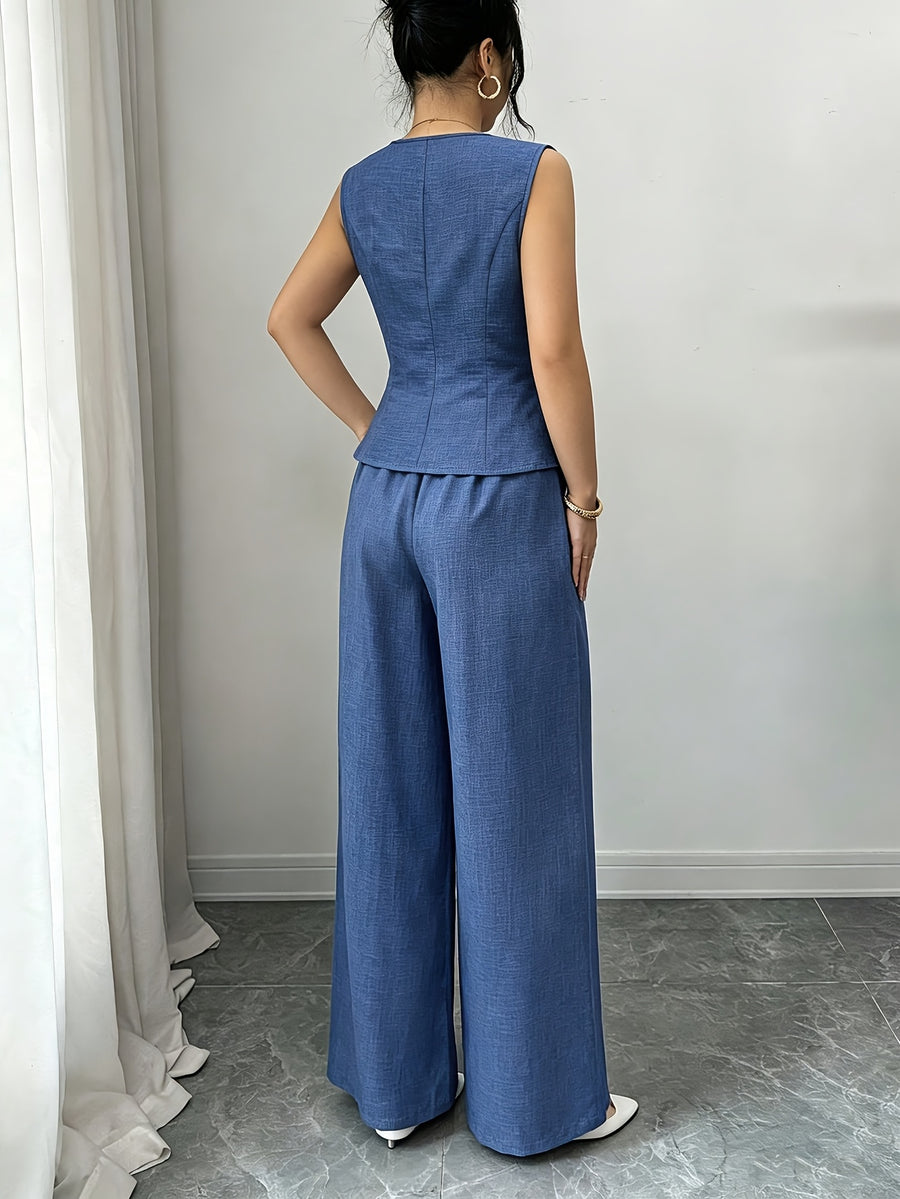 2pcs Set, 1pc Elegant Summer Women'S Two-Piece Outfit, Suitable for Party Wear, Featuring Round Neck Design, Pearl Buttons, Visible Waistline, And Vest And Pants with Slit And Fake Pockets - Royal Blue