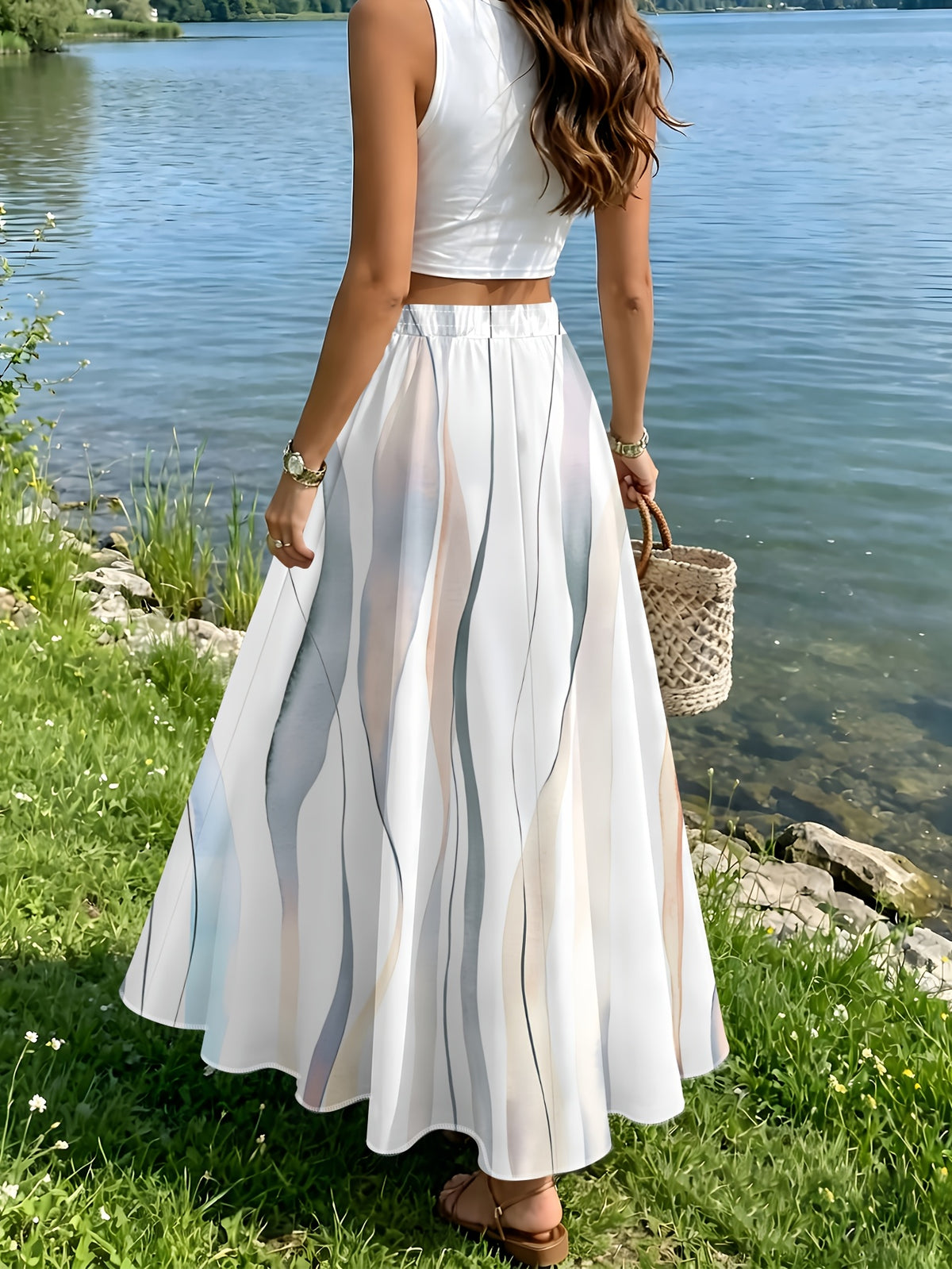 Ombre Color Wave Stripe Skirt, Summer Casual Vacation Style - Mixed colors