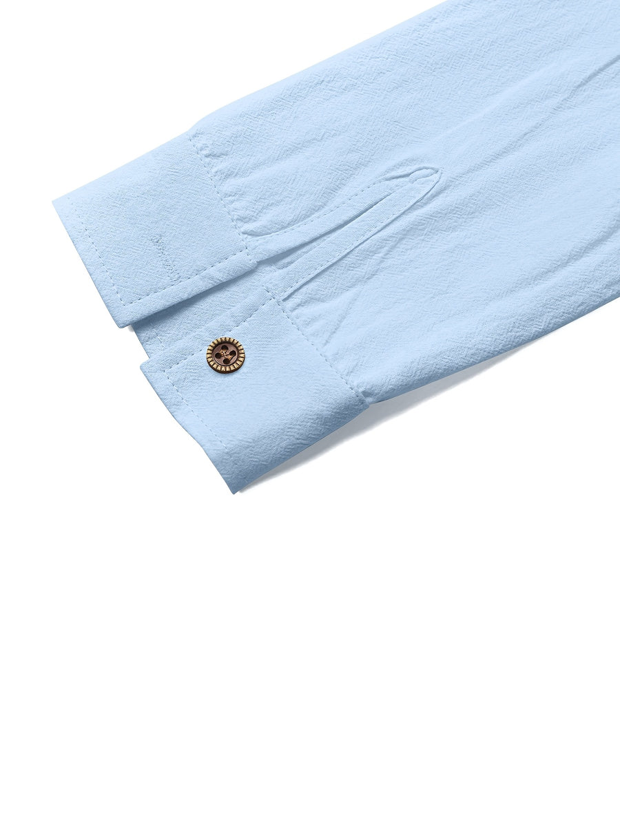 Men's Linen Pullover Shirt - Retro Vertical Pleat Collar & Round Neck, Loose Fit Long Sleeve Suitable for Daily Wear, Travel, Beach Outfits, Spring Summer Fall Casual Top, Machine Washable Solid Color Shirt - Light Blue