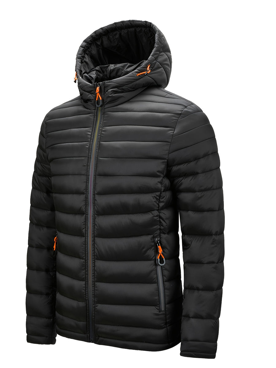 Men's Winter Padded Coat, Hooded Padded Top, Warm Quilted Jacket with Colorful Zipper Pockets - Black
