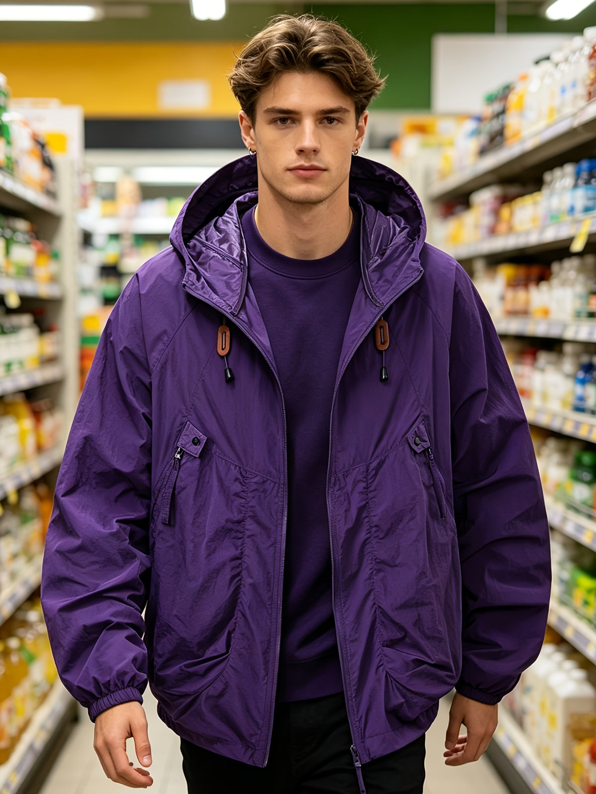 Men'S Spring Autumn Hooded Solid Pocket Jacket Sunscreen Top, Suitable for Outdoor Running Sports Commuting - 2390-Dark Night Purple