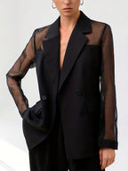 Fashionable Women's Elegant Blazer, Stylish High-End Mesh Patchwork Double-Breasted New Casual Suit Jacket - Black