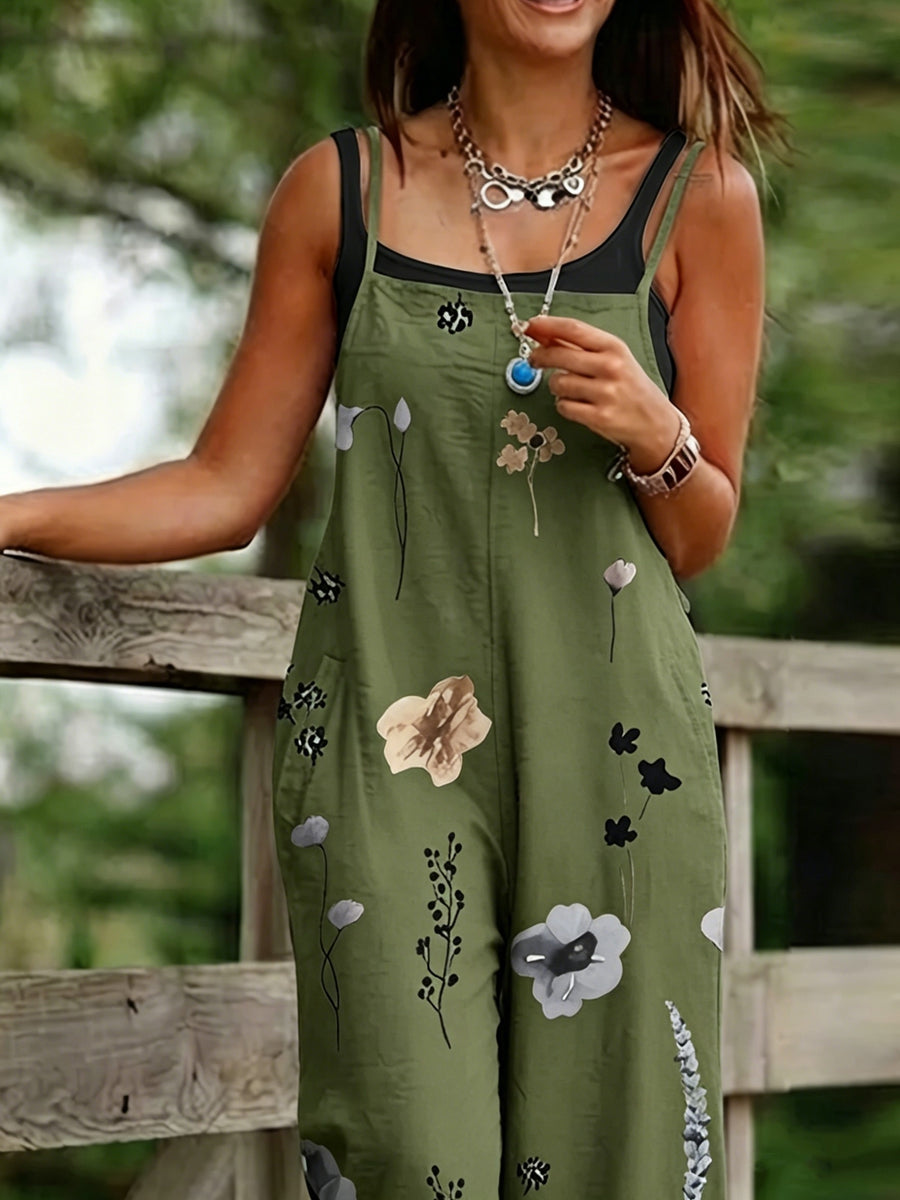 Ink Wash Floral Summer Loose Fit Wide-Leg Long Pants, Artistic Casual Versatile Women's Jumpsuit E0213 - Olive Green