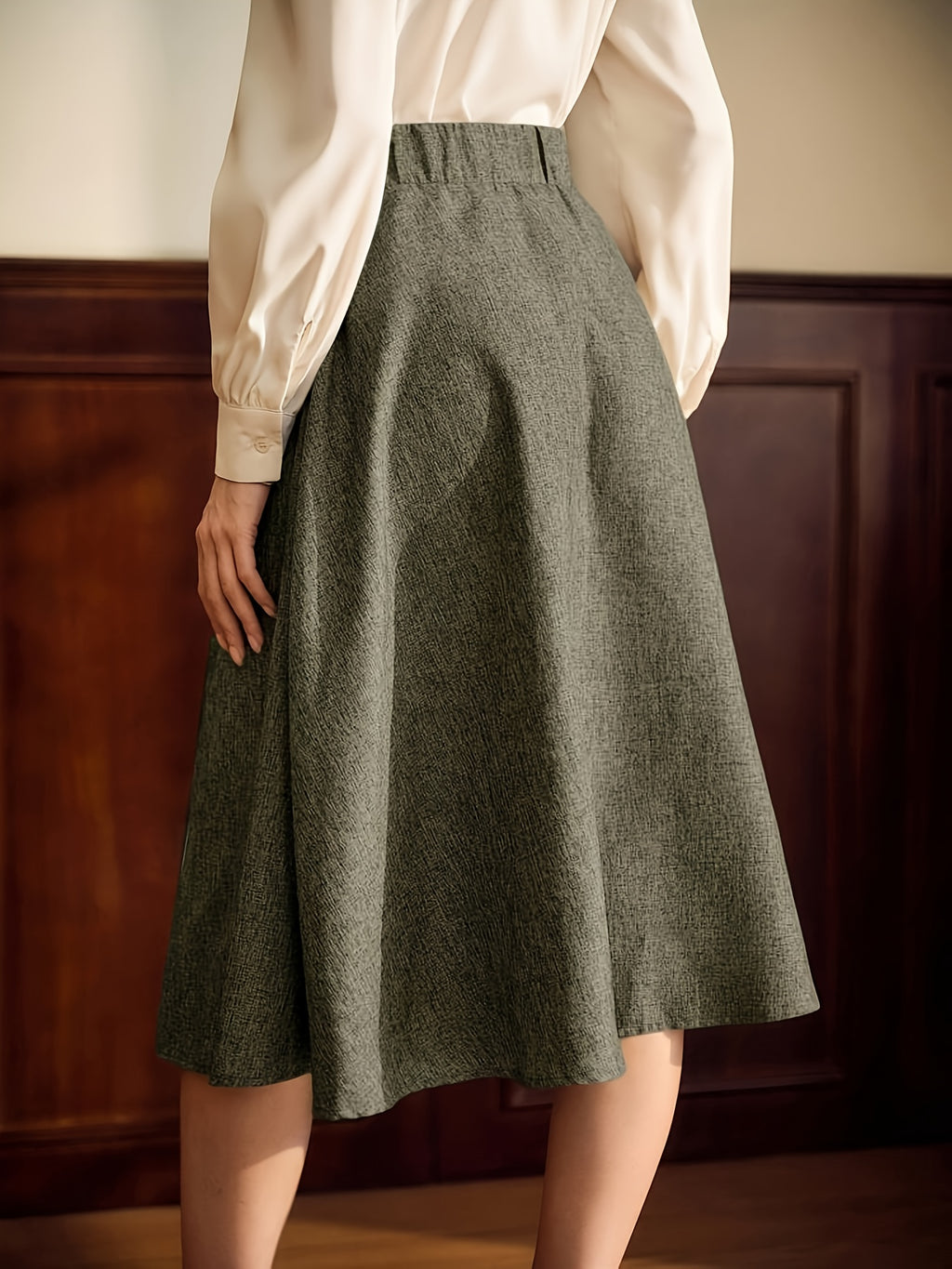 Vintage Elegant Women's A-Line Skirt, Loose Brown with Pockets, Double-Breasted, Casual Office Holiday Puff Skirt, Autumn Women's Clothing, Business Casual, Winter Women's Clothing, Autumn Skirt, Office Attire, Women's Autumn/Winter Wear, Country - Olive Green