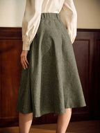 Vintage Elegant Women's A-Line Skirt, Loose Brown with Pockets, Double-Breasted, Casual Office Holiday Puff Skirt, Autumn Women's Clothing, Business Casual, Winter Women's Clothing, Autumn Skirt, Office Attire, Women's Autumn/Winter Wear, Country - Olive Green