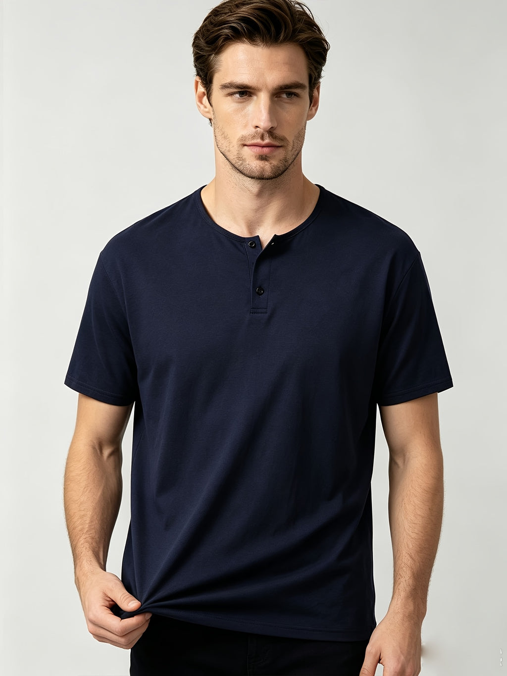 Short Sleeve T-Shirt Henley Collar Half-Open Round Neck Summer New Round Neck Solid Color Men'S Thin Top Athletic Short Sleeve Men'S Loose Plus Size Fitness Slim T-Shirt Henley Button-Up Collar Base Layer Training Trendy - Navy Color