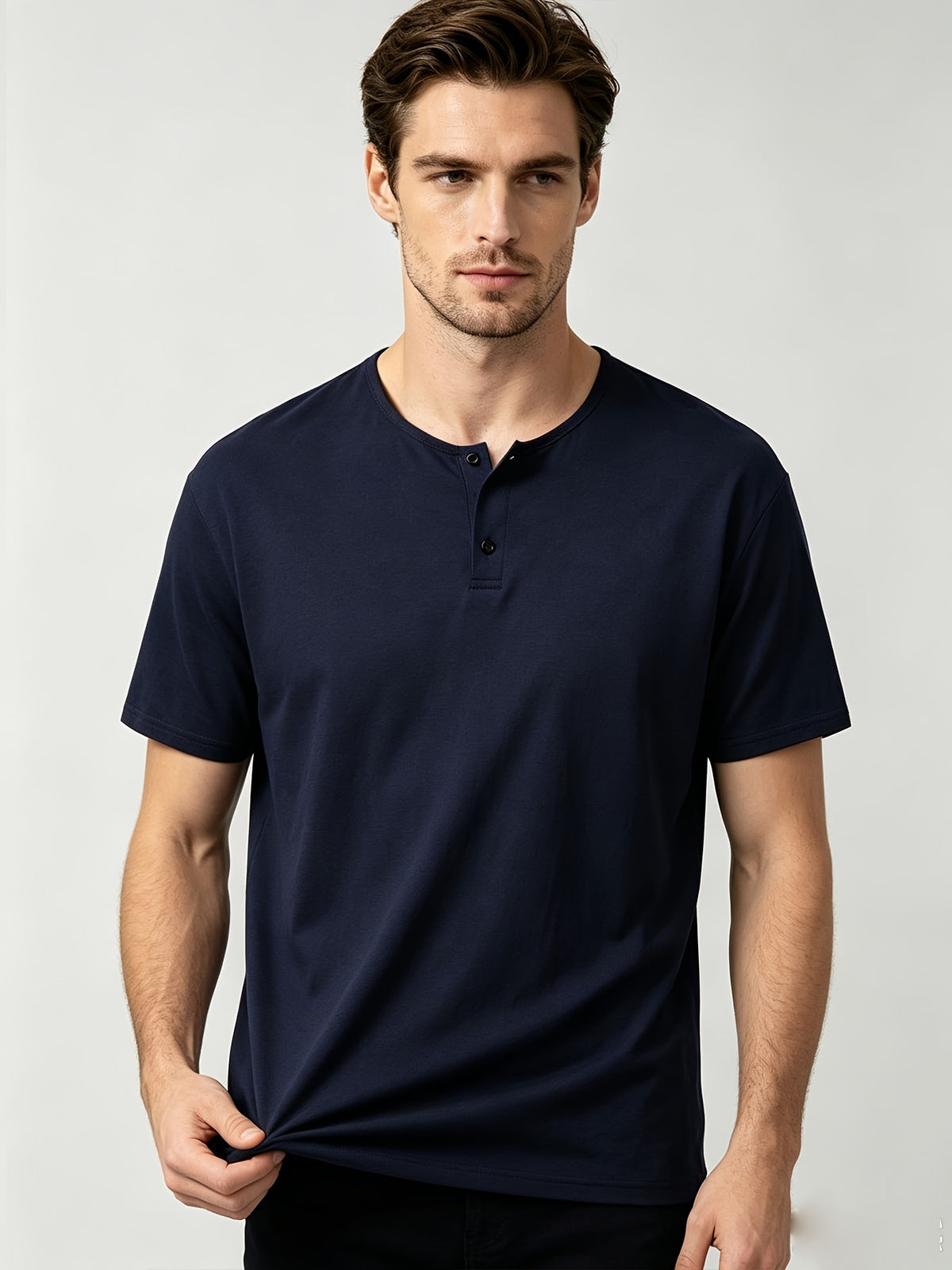 Short Sleeve T-Shirt Henley Collar Half-Open Round Neck Summer New Round Neck Solid Color Men'S Thin Top Athletic Short Sleeve Men'S Loose Plus Size Fitness Slim T-Shirt Henley Button-Up Collar Base Layer Training Trendy - Navy Color