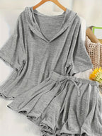 Solid Color Casual Set, Short Sleeve Hooded Top And Drawstring Wrinkle-Free Shorts, Women'S Clothing - Grey