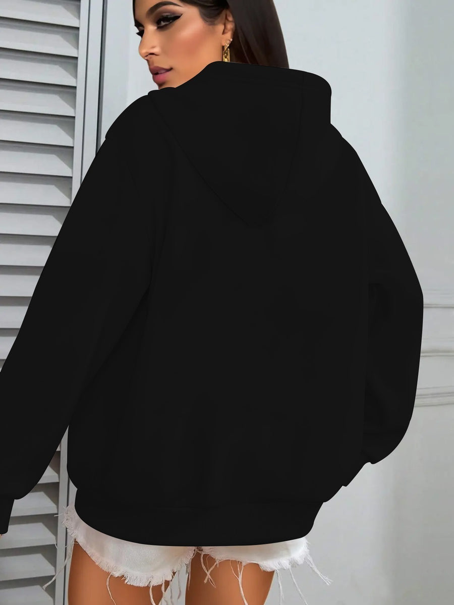 Trendy Letter Women'S Casual Hooded Sweatshirt with Front Print - Machine Washable, All-Season Versatile Pullover, Fashionable And Trendy, Durable Material, Comfortable Fabric, Printed Sweatshirt, Casual Wear, Urban Style, Fashion Enthusiast - Black