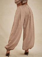 High-waisted Elastic Drawstring Plaid Loose-fit Cuffed Lantern Casual Pants, Made of Lightweight, Smooth, and Breathable Fabric. Wide-leg Design Helps Conceal and Slim the Figure, Offering a Relaxed Vintage Look. Perfect for Daily Wear - Khaki