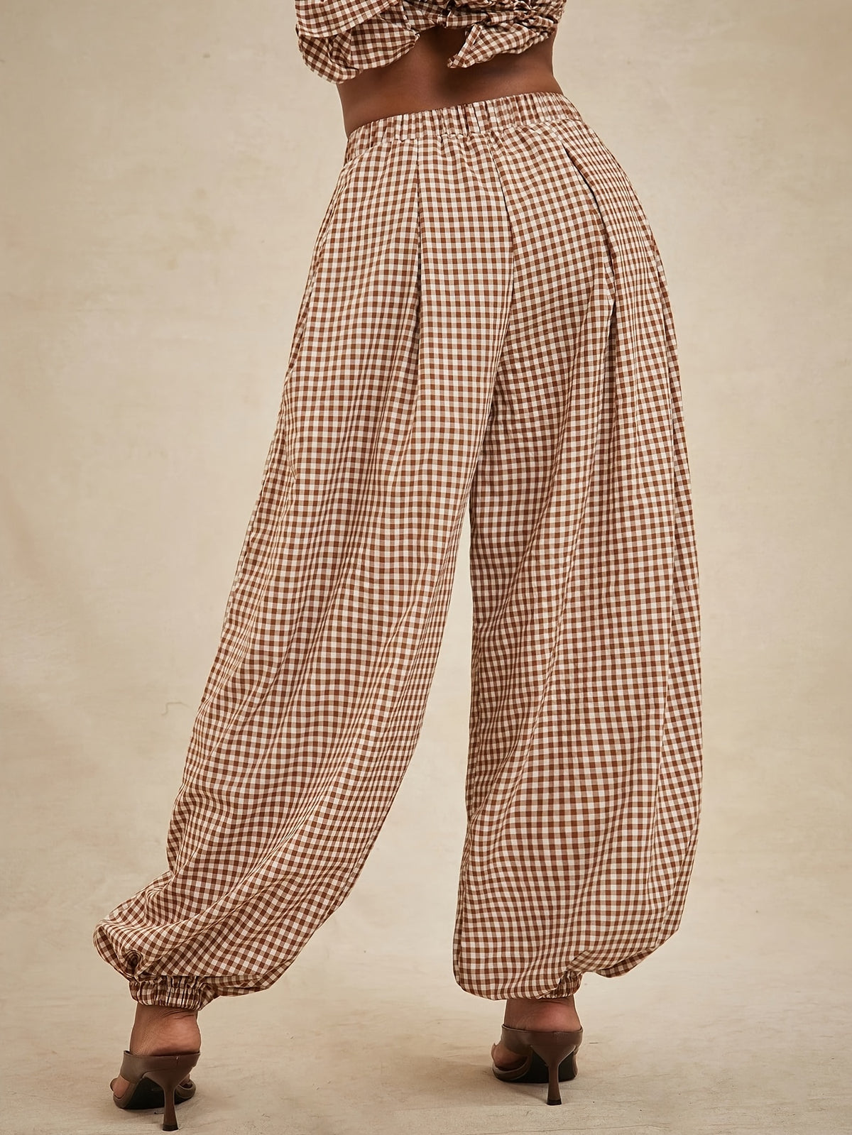 High-waisted Elastic Drawstring Plaid Loose-fit Cuffed Lantern Casual Pants, Made of Lightweight, Smooth, and Breathable Fabric. Wide-leg Design Helps Conceal and Slim the Figure, Offering a Relaxed Vintage Look. Perfect for Daily Wear - Khaki