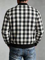 Men's Vintage Waffle Check Baseball Jacket with Zipper Front & Collar - Multi-Color Plaid Cardigan Coat (Black/White/Red/Brown/Green), Machine Washable Suitable for Commuting, Casual Streetwear Outerwear, Spring/Autumn Daily Jacket - White And Black