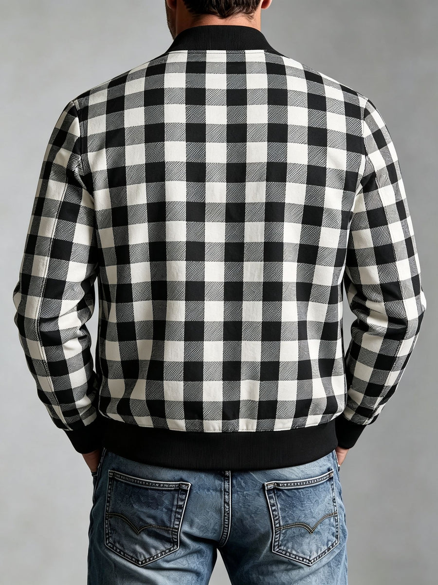 Men's Vintage Waffle Check Baseball Jacket with Zipper Front & Collar - Multi-Color Plaid Cardigan Coat (Black/White/Red/Brown/Green), Machine Washable Suitable for Commuting, Casual Streetwear Outerwear, Spring/Autumn Daily Jacket - White And Black