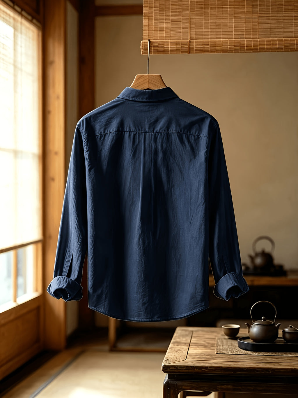 Men'S Autumn Classic Solid Color Long Sleeve Button-Up Shirt, Lapel Collar Casual Blouse, Loose Soft Breathable Daily Top - Navy Color