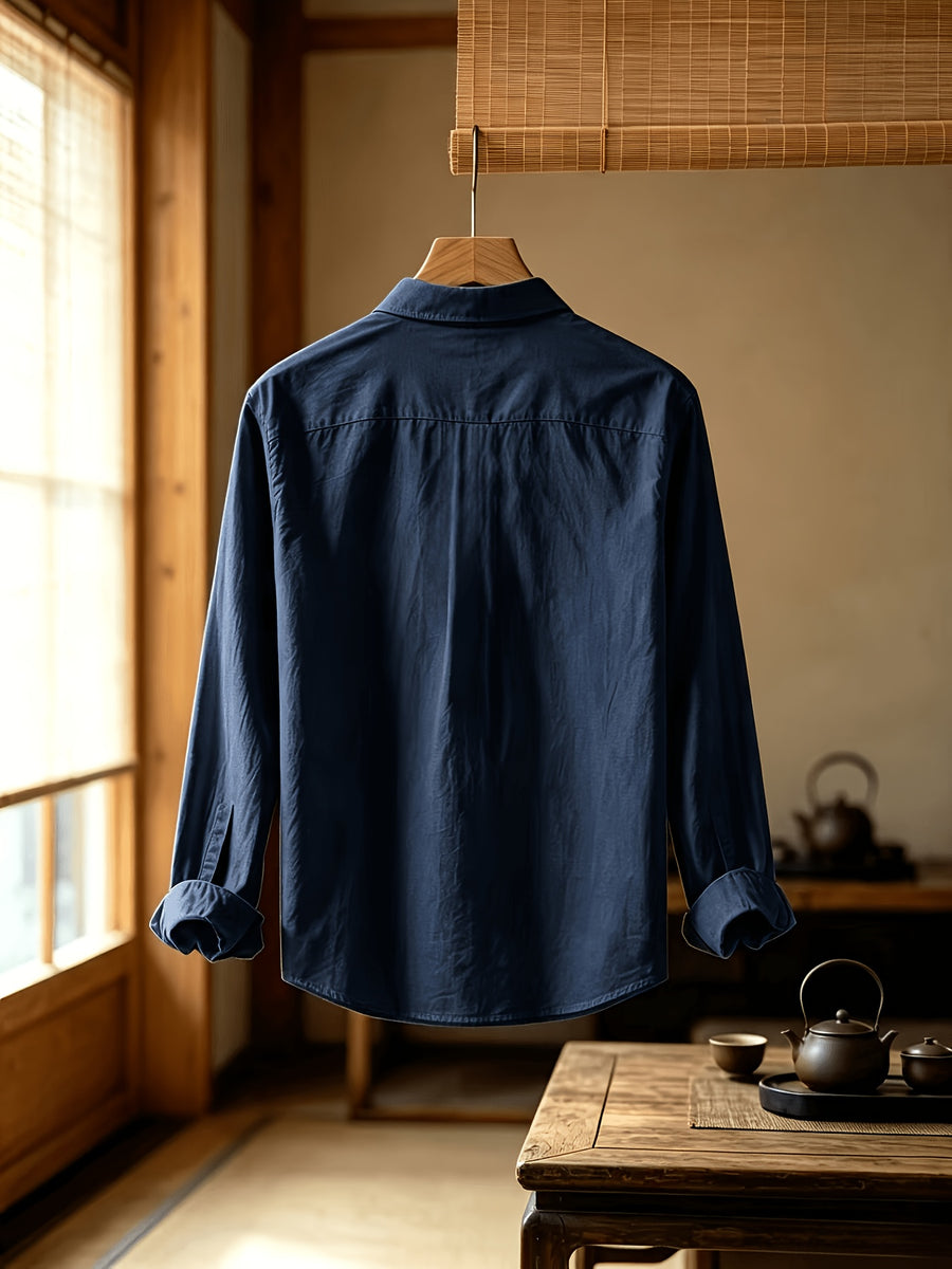 Men'S Autumn Classic Solid Color Long Sleeve Button-Up Shirt, Lapel Collar Casual Blouse, Loose Soft Breathable Daily Top - Navy Color