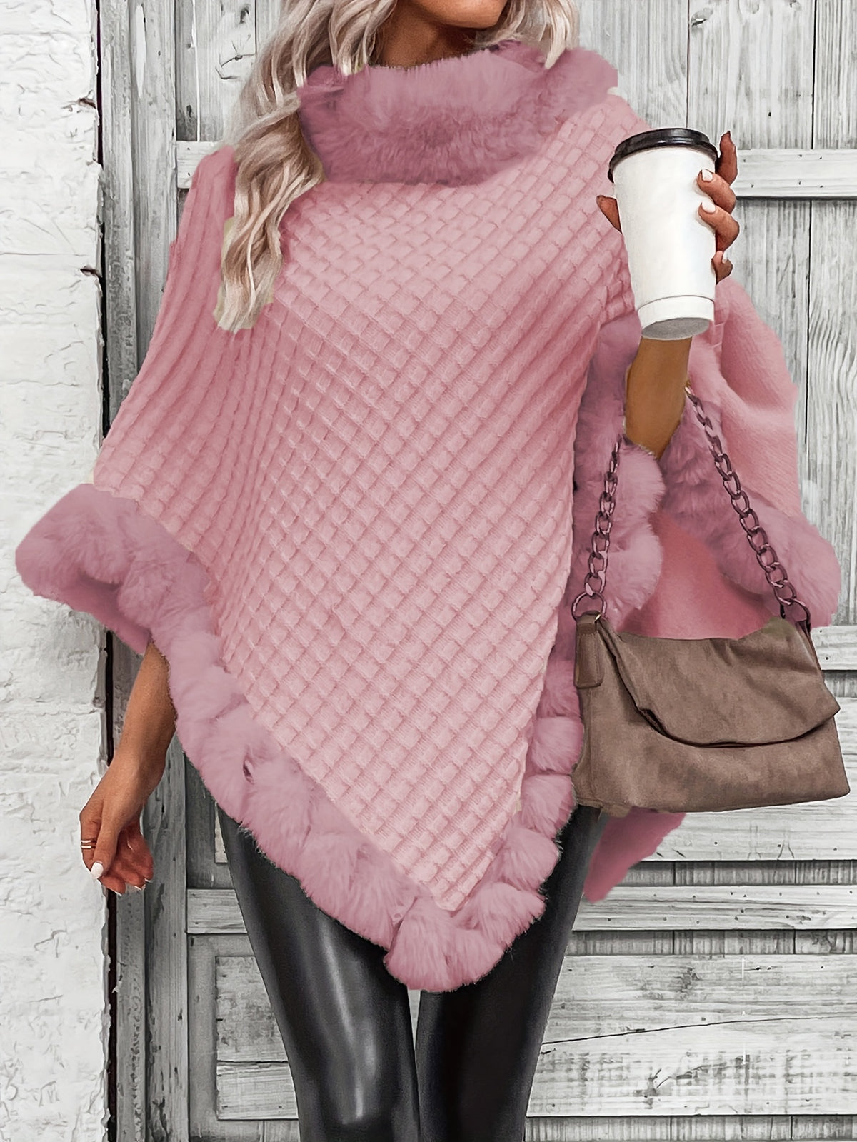 Women'S Elegant Faux Fur Collar Cape Coat - Soft Winter Coat with Plush Fur Trim, All-Season Chic Outerwear for Everyday & Formal Events - Pink Color