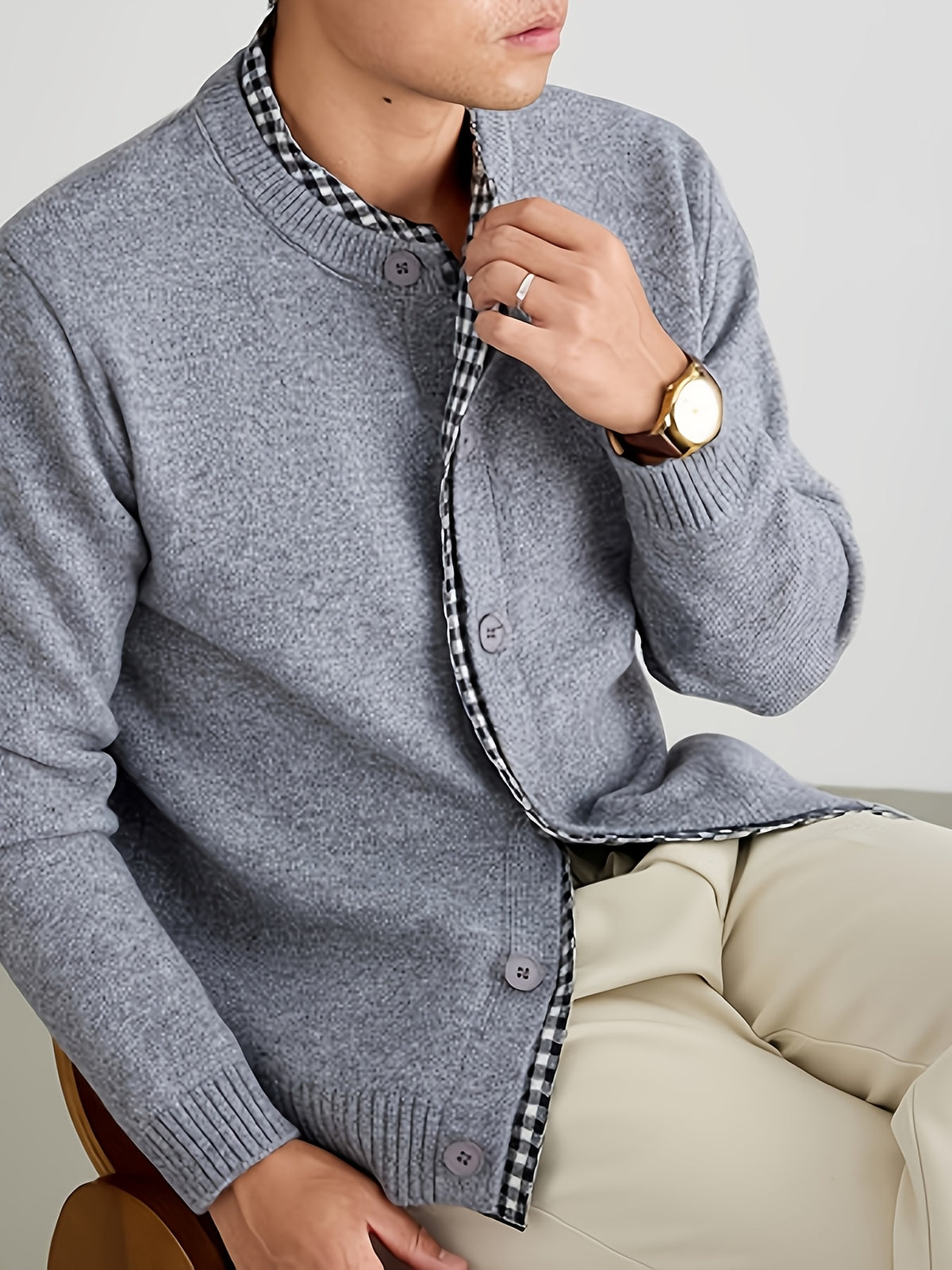 Men's Knitted Cardigan with Round Neck, Black and White Checkered Placket, 2-in-1 Look, Single-Breasted, Business Casual, Spring/Autumn Regular Fit for Daily Commuting - Light Grey