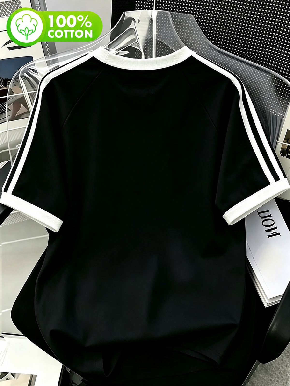 100% Drop Shoulder Striped Short Sleeve T-Shirt, Easy Four-Triangle Geometric Logo Print Loose Color-Block Round Neck Top, Retro Sport Casual Daily Wear - Black