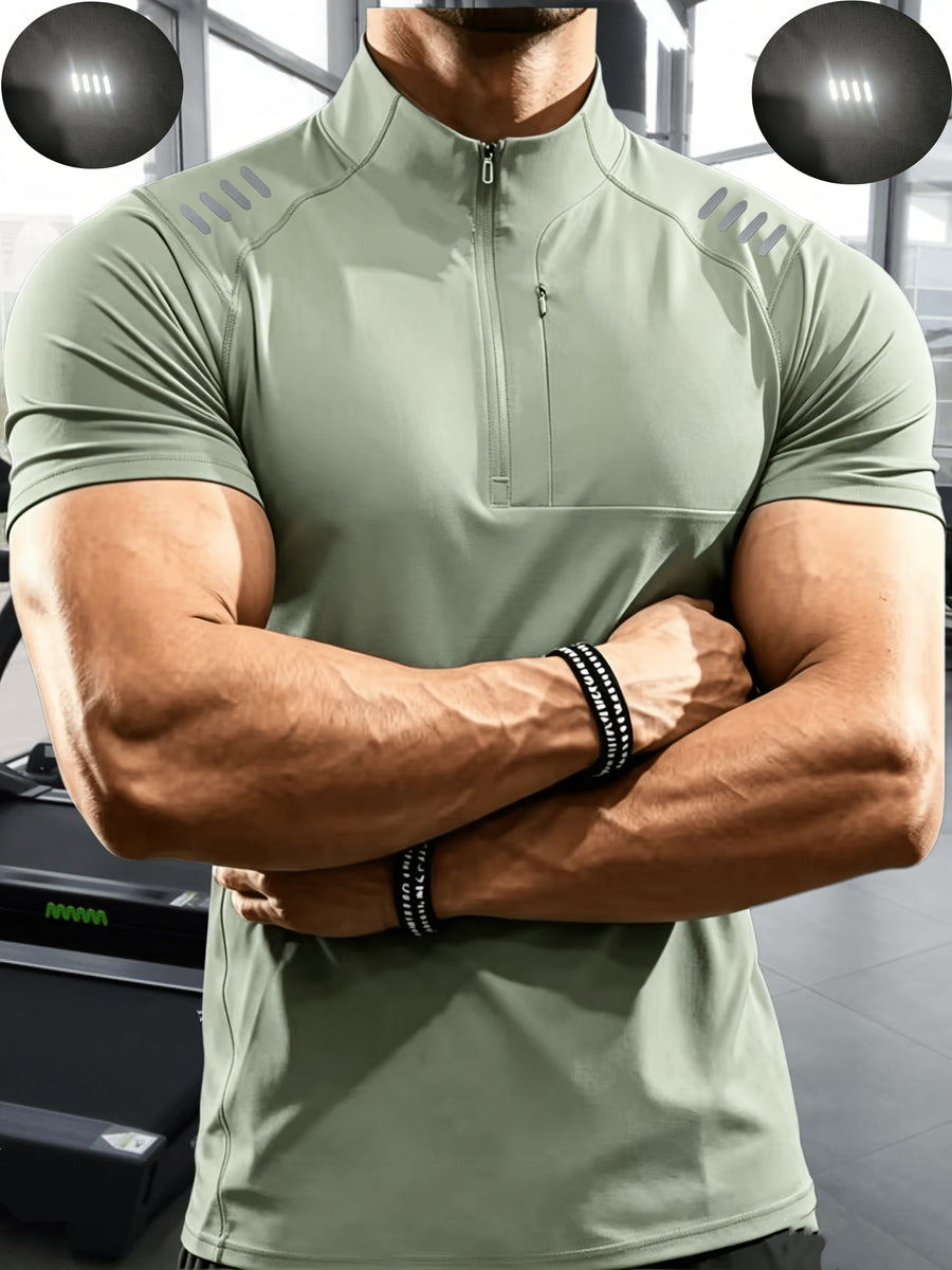 Men'S Muscular Fitness High-Elastic Training Quick-Dry Fitness Wear, Individual Print Patterns, Slim Fit Summer Casual Short Sleeve Shirt T-Shirt - Breathable Elastic Fabric, Stand-Up Collar Design with Open Chest Zipper - Olive Green