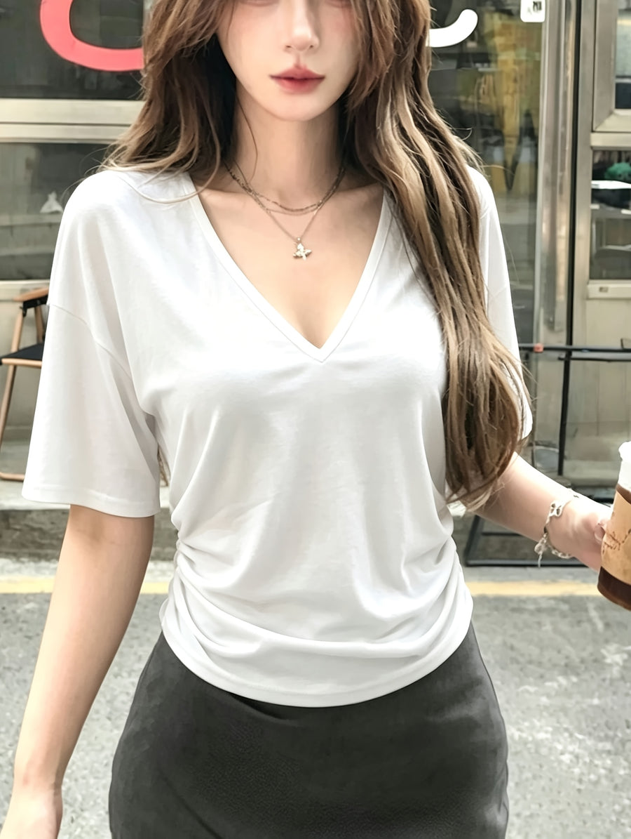 Women'S Summer New V-Neck Sexy Low-Cut Short Sleeve Casual Versatile Tummy Control Slim Pleated Pullover Top T-Shirt - White