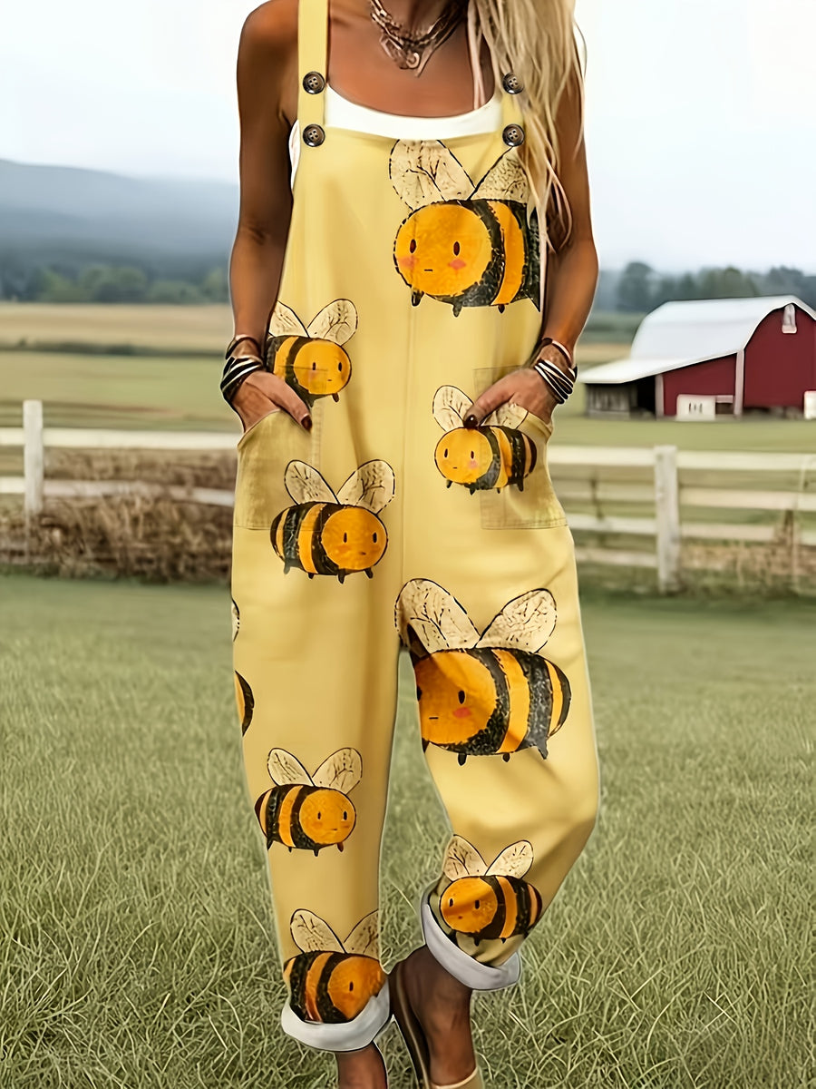 Green Jumpsuit with Cartoon Bee Pattern - 0578 - Lemon Yellow