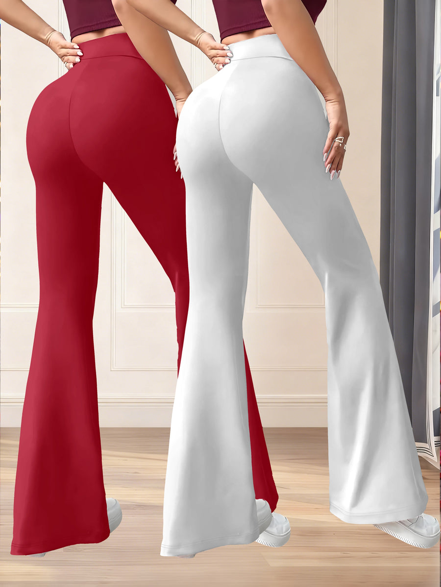 New Autumn Women's Clothing from Europe and America, NEW YORK & BROOKLYN Letter Print, Daily Casual Wear, Two-Pack of Comfortable Slim-Fit Stretch Tapered Straight-Leg Pants with Drawstring Waistband - Red+White