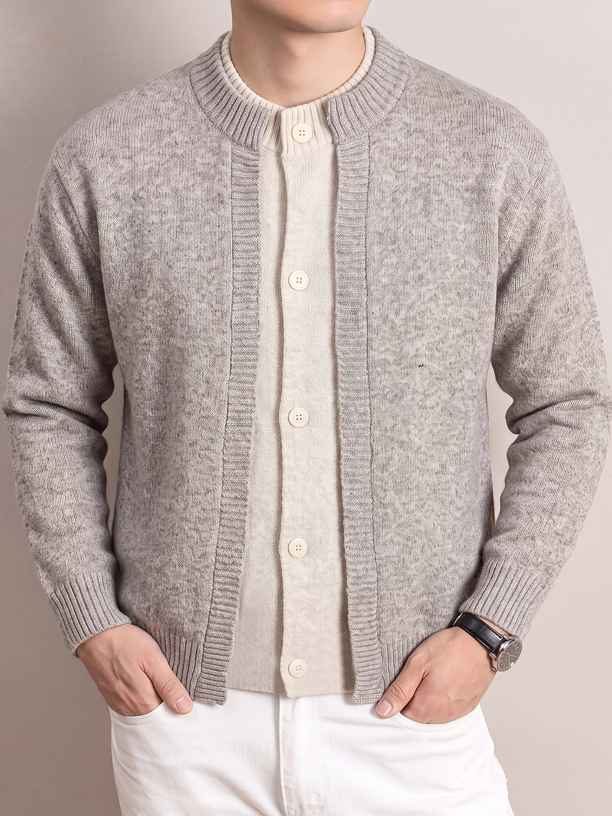 Men's Round Neck Knit Cardigan, Thickened Autumn/Winter Casual Sweater Outerwear, Simple Single-Breasted Button-Up Cardigan - M Beige