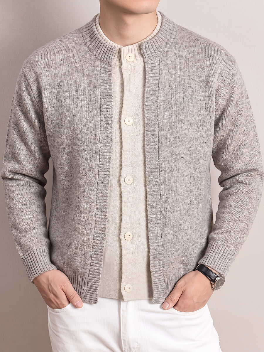Men's Round Neck Knit Cardigan, Thickened Autumn/Winter Casual Sweater Outerwear, Simple Single-Breasted Button-Up Cardigan - M Beige