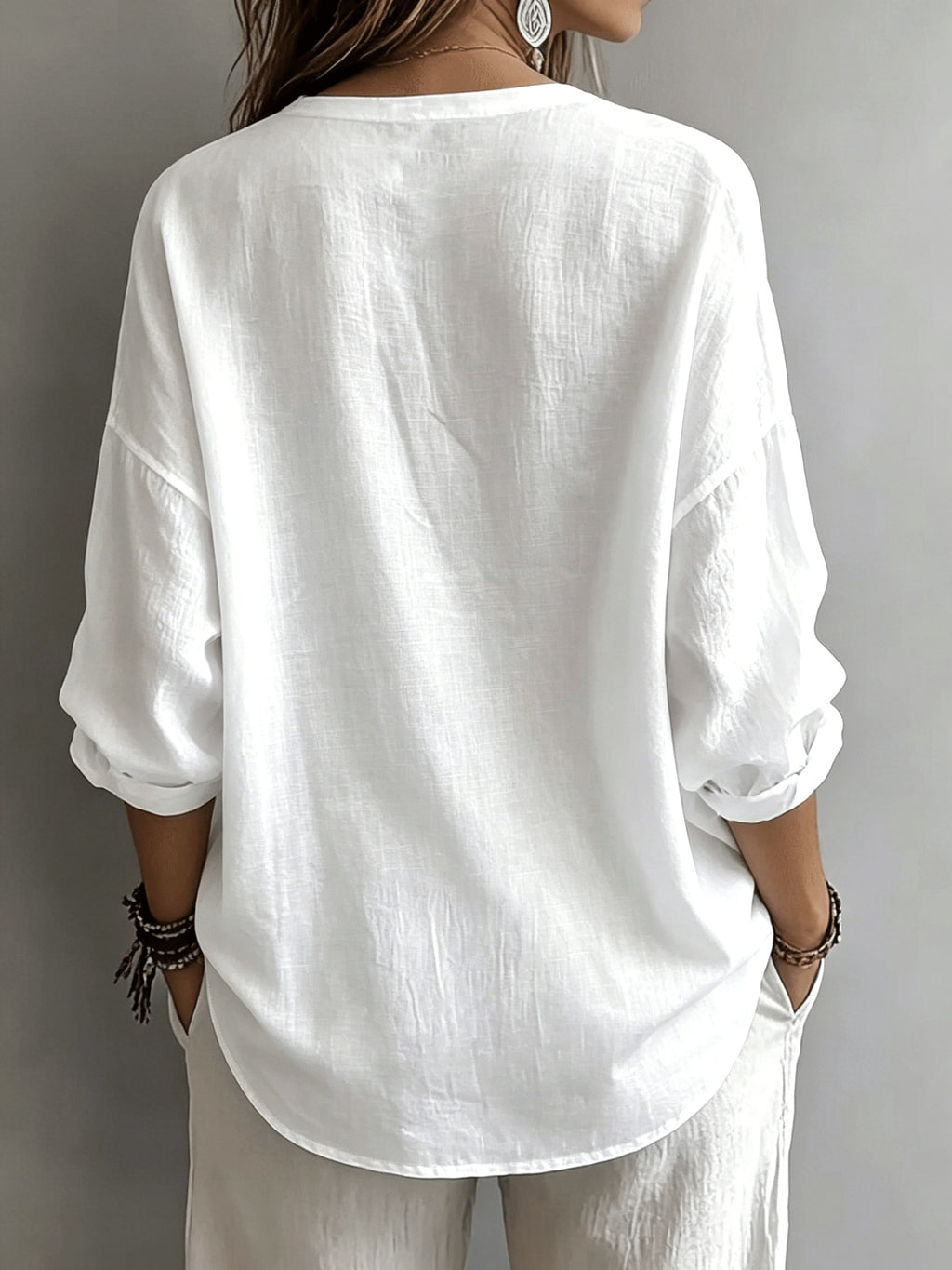 Asd1 European and American Style Loose-fit Long-sleeve Shirt, Deep V-neck with Half-open Placket, a Versatile Casual Piece Suitable for Outings and Commuting, Featuring a Gentle and Laid-back Style - White