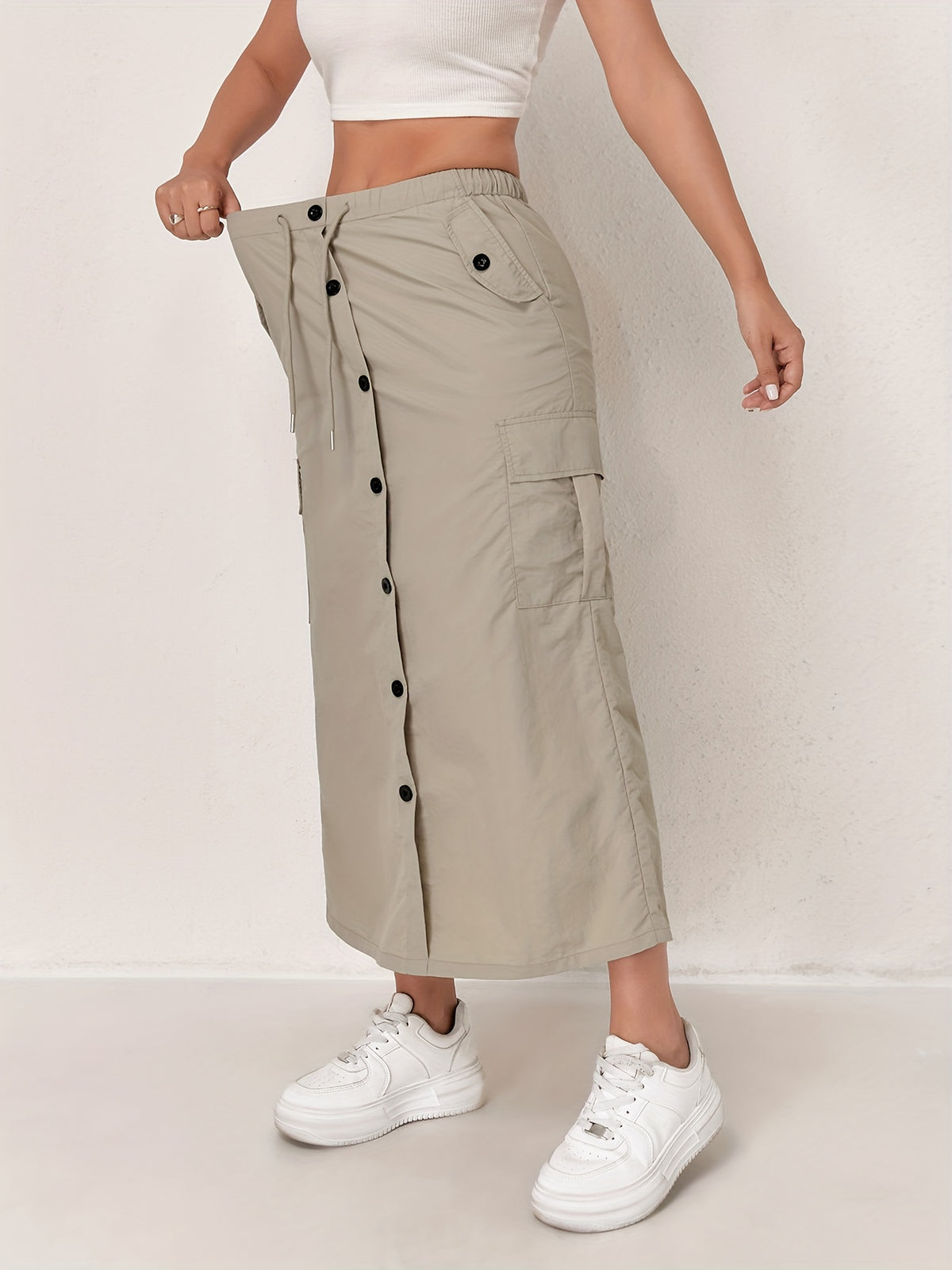 Outdoor Quick-Dry Cargo Skirt Button Design High-Waist Casual Women'S Half Skirt Multi-Pocket Machine Washable Mid-Length Dress - Khaki