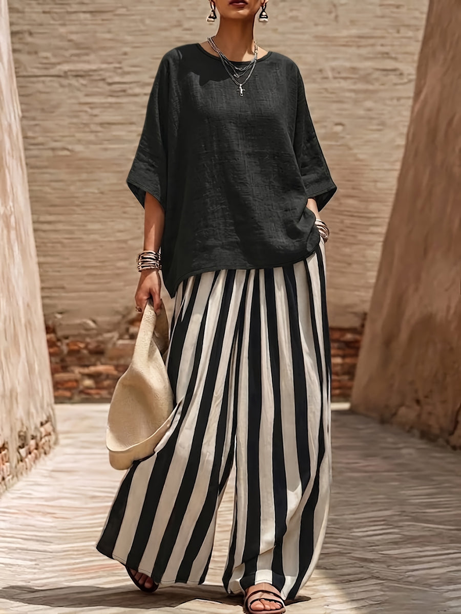 Women'S Fashion Loose Casual Two-Piece Set, Vacation Style Batwing Sleeve Round Neck Top And High-Waist Striped Wide-Leg Pants - Black