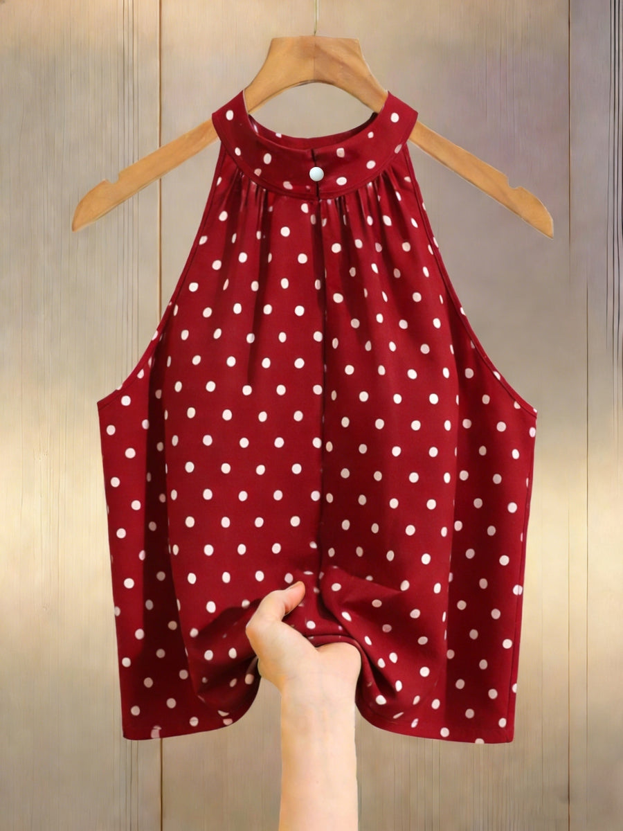 Women'S Spring/Summer Casual Elegant Polka Dot Halter Vest with Back Buttons, Easy Versatile Style, Suitable for Fashion Commuting, Casual Home Wear - Red