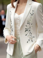 Women White Notched Lapel Blazer Elegant Floral Embroidery Slim Suit Jacket Elegant White Tailored Blazer Green Leaf Butterfly Embroidery Single Button Outerwear Vintage Floral Butterfly Embroidery White Blazer Ladies Formal Office Suit Jacket - White