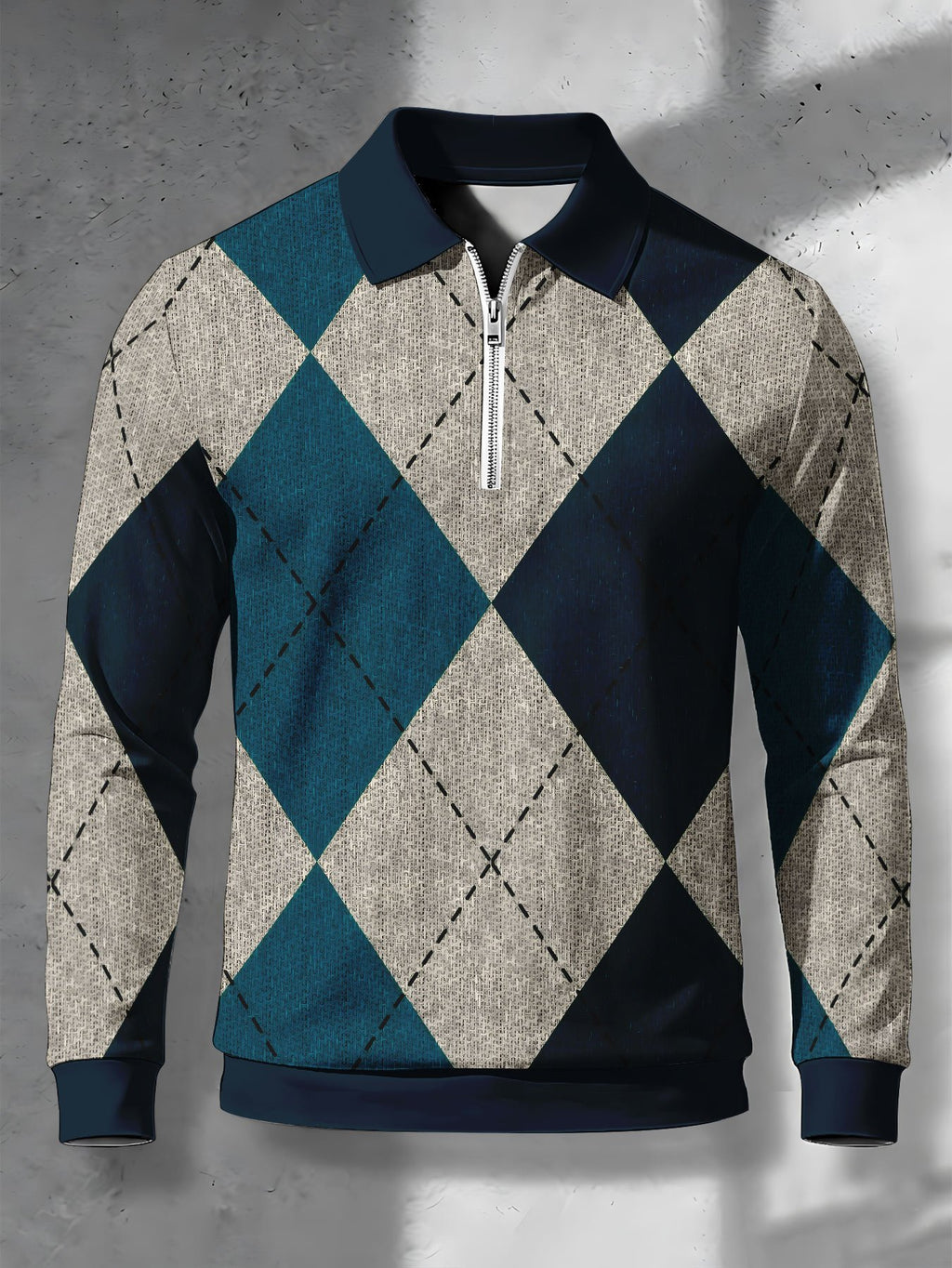 Men'S Lapel Half-Zip Polo Shirt, Geometric Retro Casual Polo Top, Suitable for Spring And Autumn Wear, Gift for Boyfriend - Mixed colors