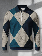 Men'S Lapel Half-Zip Polo Shirt, Geometric Retro Casual Polo Top, Suitable for Spring And Autumn Wear, Gift for Boyfriend - Mixed colors