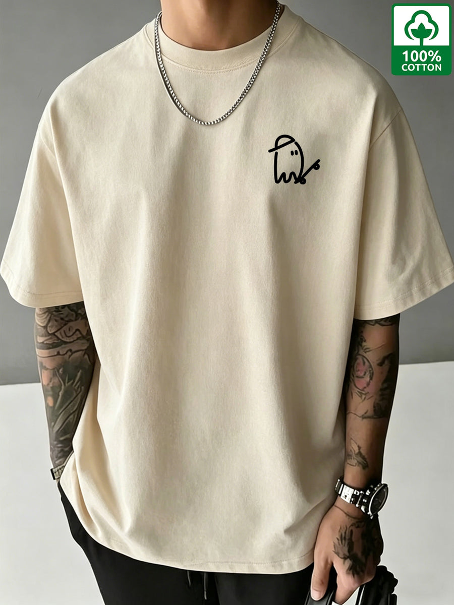 Men's Print Pure Cotton T-Shirt, Summer Fashion Vintage Trendy Casual Breathable Everyday Versatile Crew Neck Short Sleeve Top - Apricot