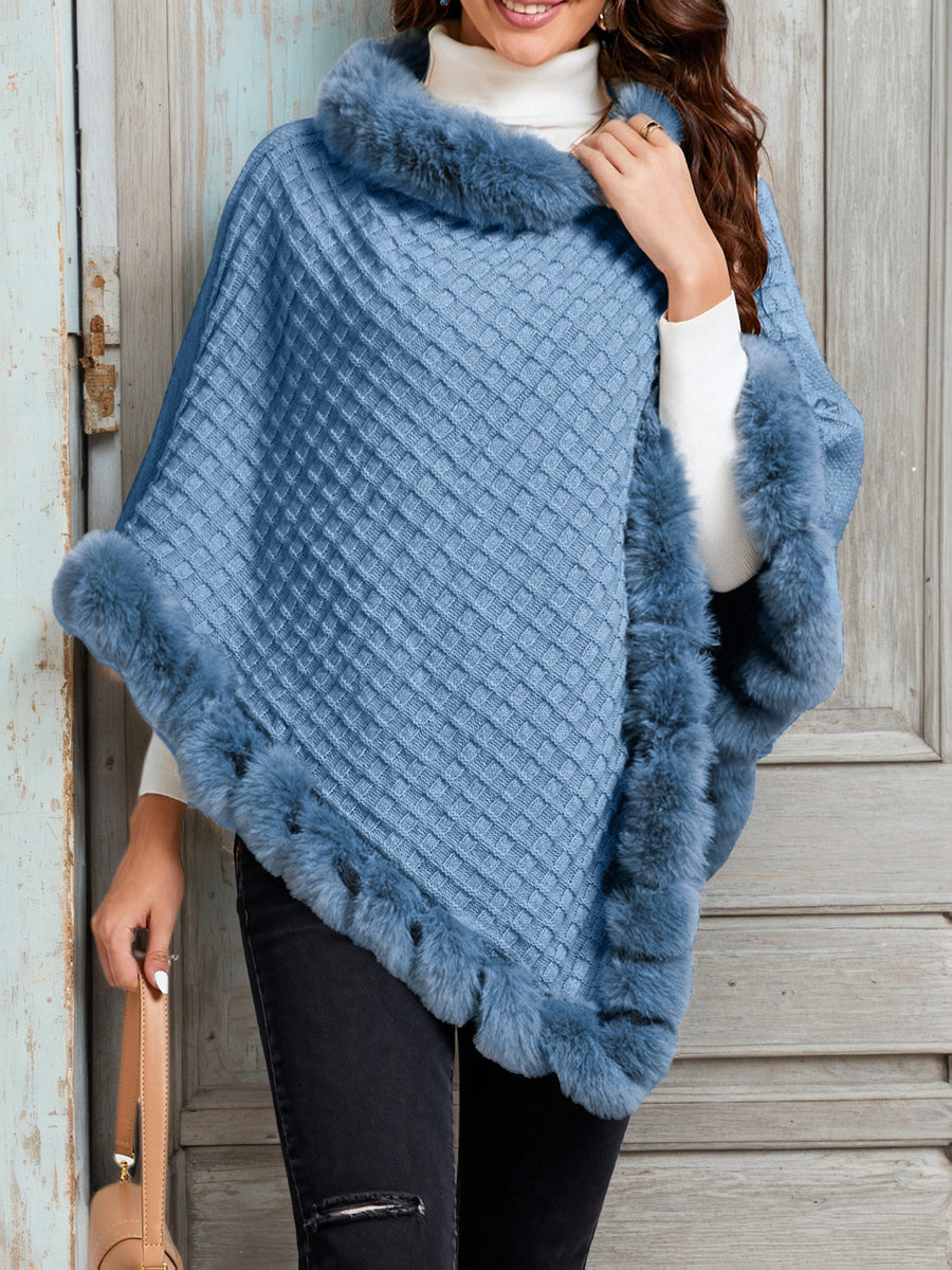Elegant Special Edition "Pure Body Bust" - 1pc Elegant Women's Solid Color Waffle Shawl Pullover, 100% Polyester Fiber, Faux Trim Collar Patchwork, Stylish and Elegant European/American Style Warm Pullover, Suitable for Autumn/Winter - Blue