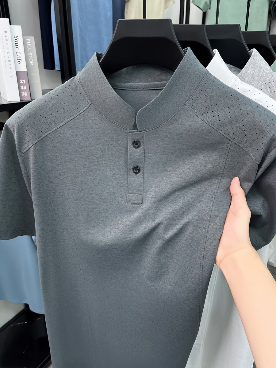 Men's New Summer Casual Stand Collar T-Shirt, Simple and Stylish Thin Breathable Versatile Short Sleeve Tee - Grey