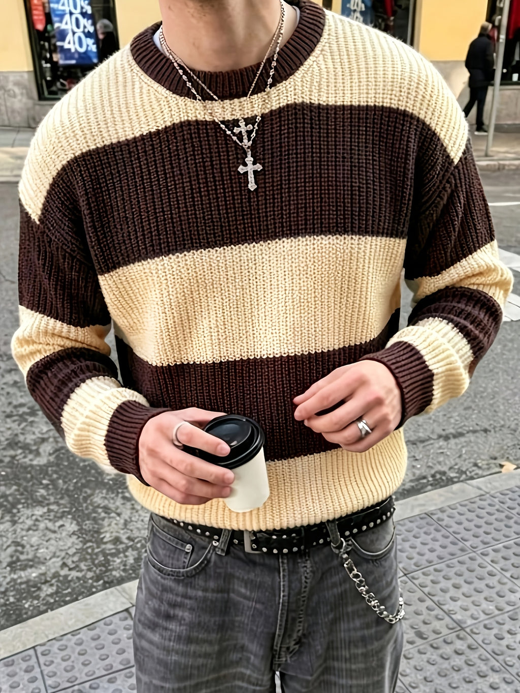 Men's Color-Block Striped Sweater - Lightweight Knit Oversized Pullover with Crewneck, Minimalist Streetwear Suitable for Back-to-School, Casual Winter Warmth, Solid Color Base & Striped Accent (No Transparency) - Apricot + Brown