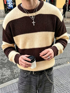 Men's Color-Block Striped Sweater - Lightweight Knit Oversized Pullover with Crewneck, Minimalist Streetwear Suitable for Back-to-School, Casual Winter Warmth, Solid Color Base & Striped Accent (No Transparency) - Apricot + Brown