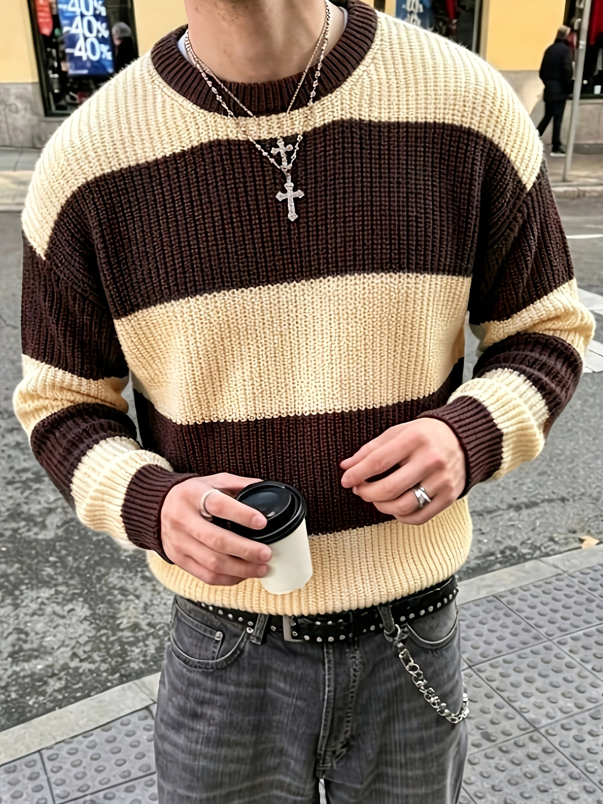 Men's Color-Block Striped Sweater - Lightweight Knit Oversized Pullover with Crewneck, Minimalist Streetwear Suitable for Back-to-School, Casual Winter Warmth, Solid Color Base & Striped Accent (No Transparency) - Apricot + Brown