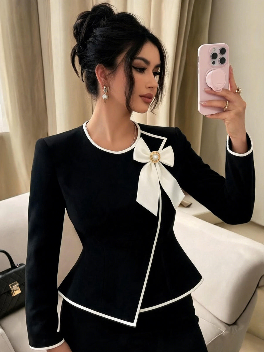 Women'S Fashion Commute Autumn New Style Front Bow Decor Round Neck Slim Fit Asymmetrical Hem Long Sleeve Top - Black