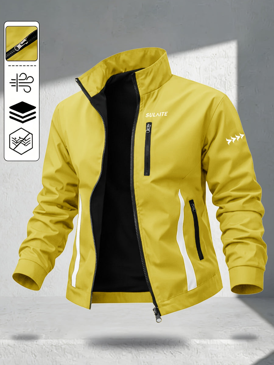 Trendy Vintage Men's Spring/Autumn New Casual Versatile Jacket Outdoor Sports Windproof Coat with Contrasting Color Stand Collar, Transitional Layering Essentials - Bright Yellow