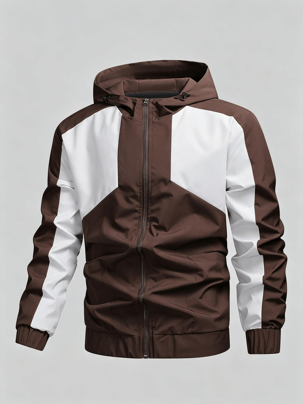 Men's Color Block Patchwork Hooded Sport Jacket with Adjustable Drawstring Hood and Zipper, Versatile Casual Jacket for Campus, Commuting, Hiking, Jogging, and Daily Wear - 25016 - Coffee Brown