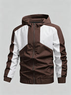Men's Color Block Patchwork Hooded Sport Jacket with Adjustable Drawstring Hood and Zipper, Versatile Casual Jacket for Campus, Commuting, Hiking, Jogging, and Daily Wear - 25016 - Coffee Brown